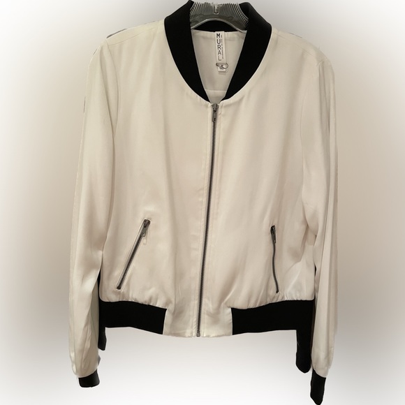 Mural white silky lightweight Bomber Jacket with black trim - Picture 1 of 4